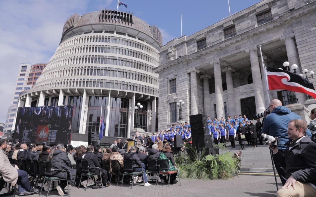 Crowds gathered outside Parliament in Wellington on 14 September, to marks 50 years since the Māori Language Petition was presented to Parliament.