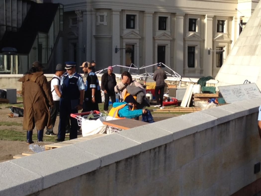The eviction scene in Civic Square Wellington.