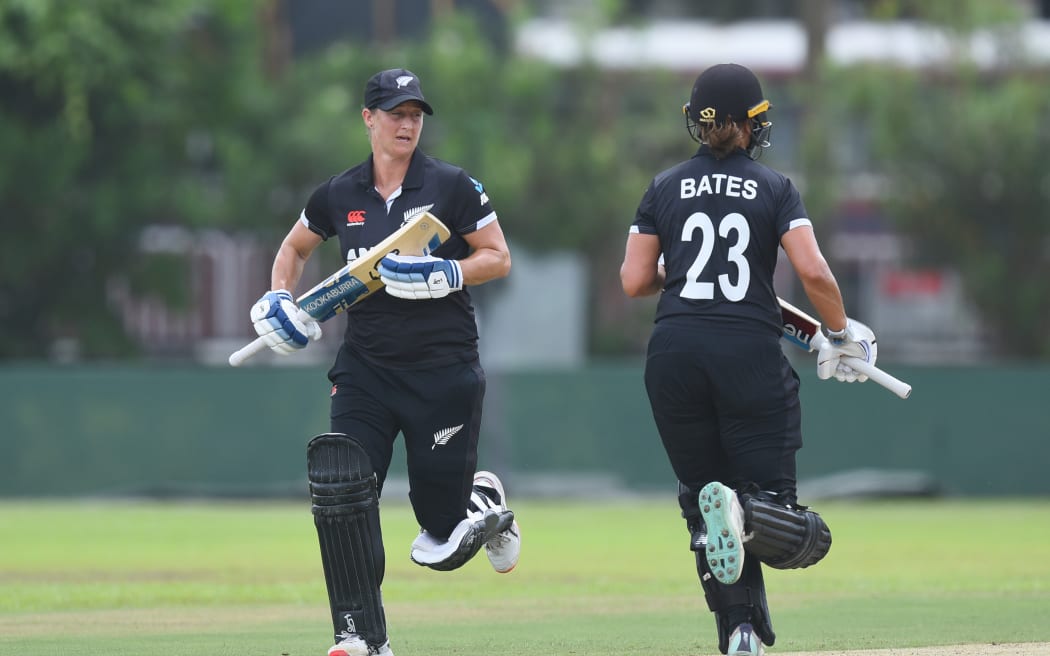 Sophie Devine  (L) and Suzie Bates (R) of New Zealand in Sri Lanka in 2023.