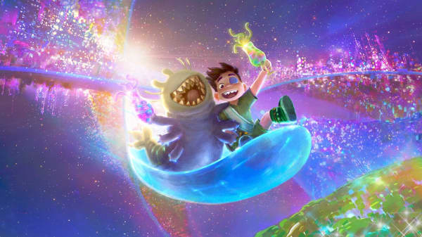 Elio, a young boy in an animation movie, flying on a board with an alien creature called Glordon.