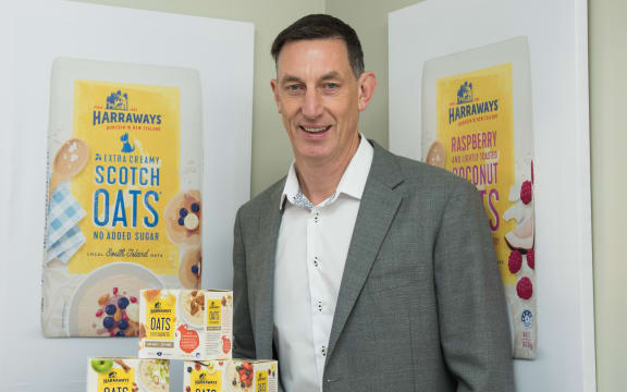 Harraway and Sons chief executive Henry Hawkins with some of its South Island-sourced oats range.