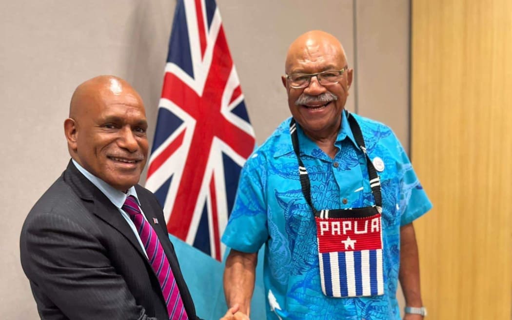 Benny Wenda, left, and the Prime Minister of Fiji, Sitiveni Rabuka
