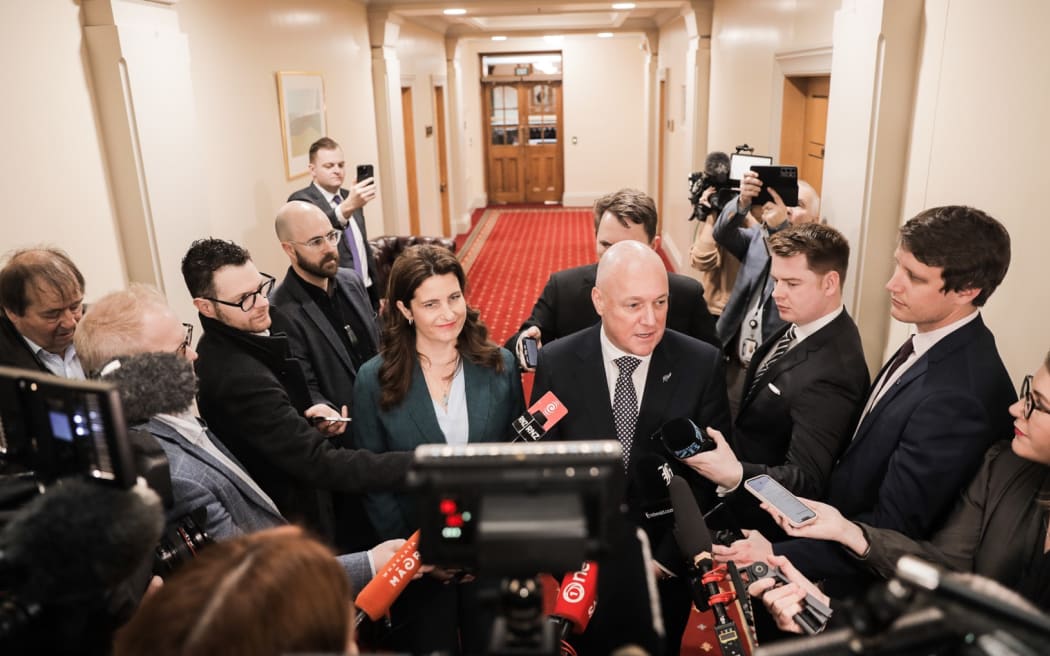 Nicola Willis and Christopher Luxon after the National Party caucus meeting on 17 October 2023.