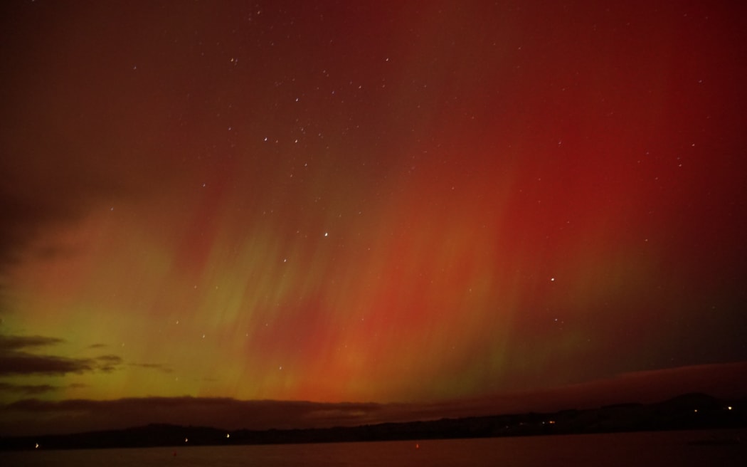 Aurora seen from Lake Waihola on 11 May, 2024.