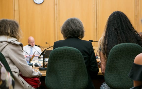 Maggie Wilkinson (centre) gives her submission to Parliament on her petition calling for an inquiry into forced adoption in New Zealand between the 1950s and 1980s with her daughters either side.
