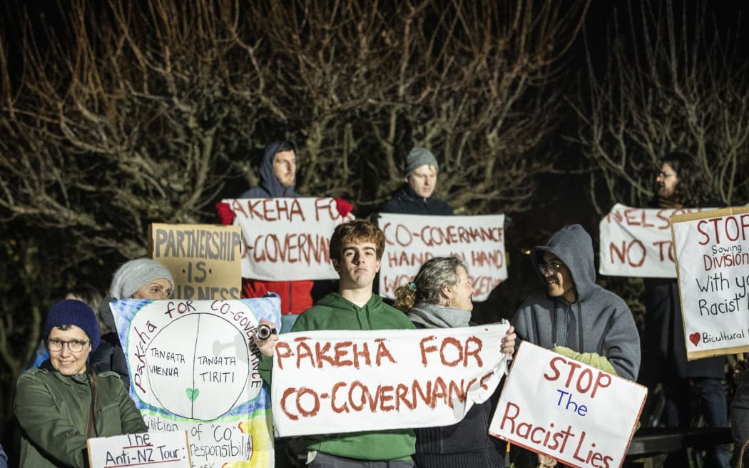 Protestors at Stop Co-Governance meeting in Nelson - single use only