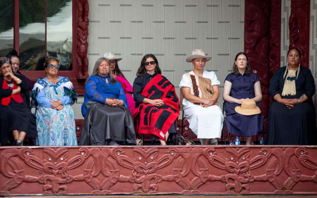 Green co-leaders Chlöe Swarbrick and Marama Davidson sit alongside ACT's deputy leader Brooke van Velden.