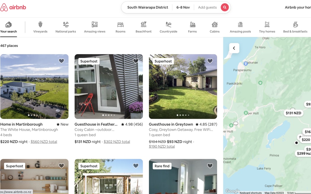 Screenshot showing hundreds of AirBnb properties available in or near the South Wairarapa area.