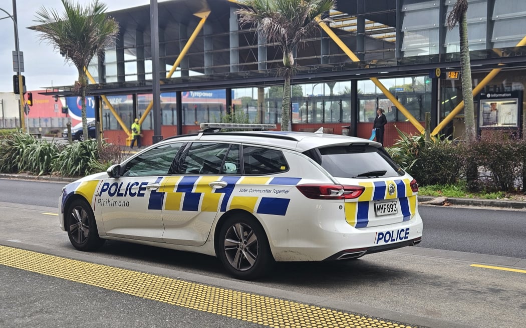 Police car at New Lynn station on Monday 20 May 2024.