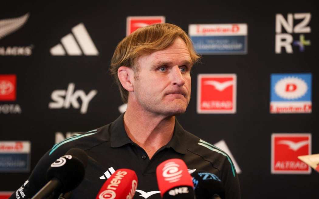 Scott Robertson speaks to media on Monday about his All Blacks squad for the Rugby Championship.