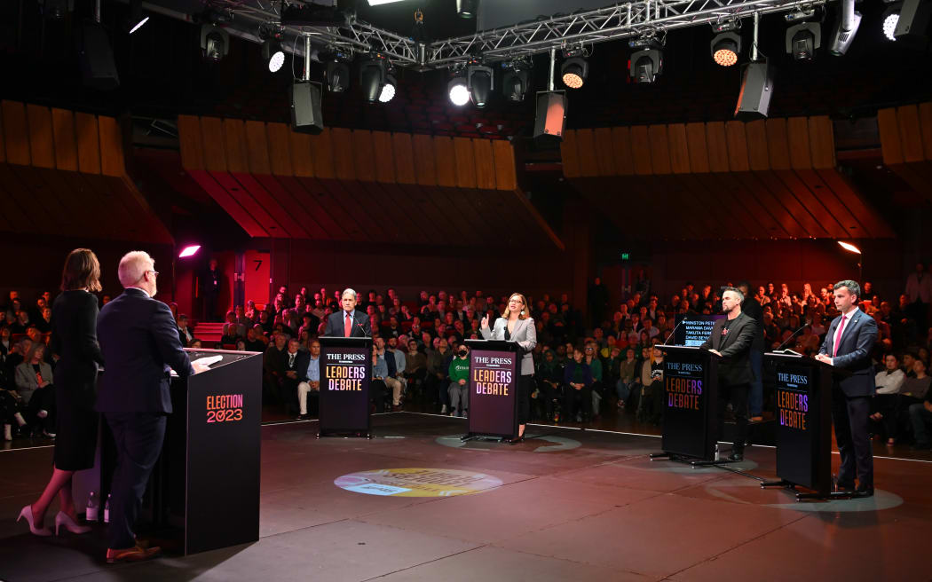 General view as Green Party co-leader Marama Davidson speaks during The Press Leaders Debate at Christchurch Town Hall.