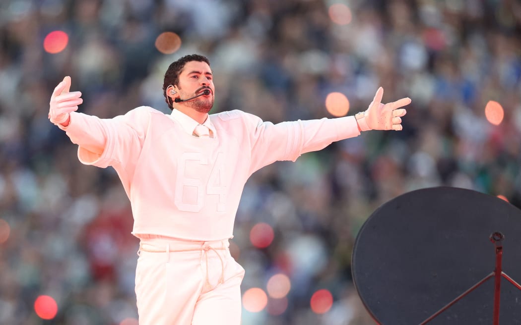 Bad Bunny performs onstage during the Apple Music Super Bowl LX Halftime Show at Levi's Stadium on February 08, 2026 in Santa Clara, California.