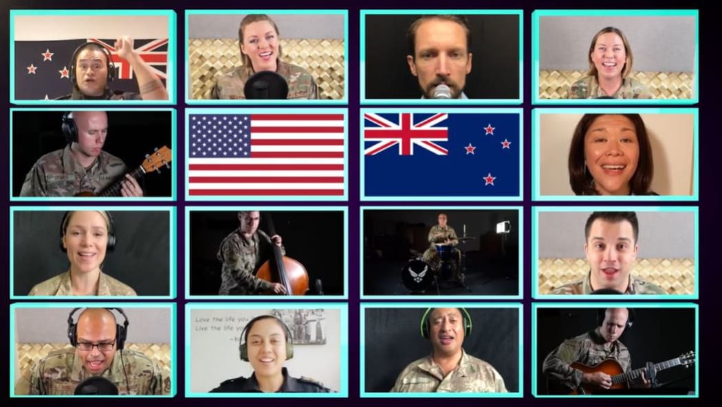 A still from the video of a collaboration between Band of the Pacific and the New Zealand Defence Force, Navy and Air Force.