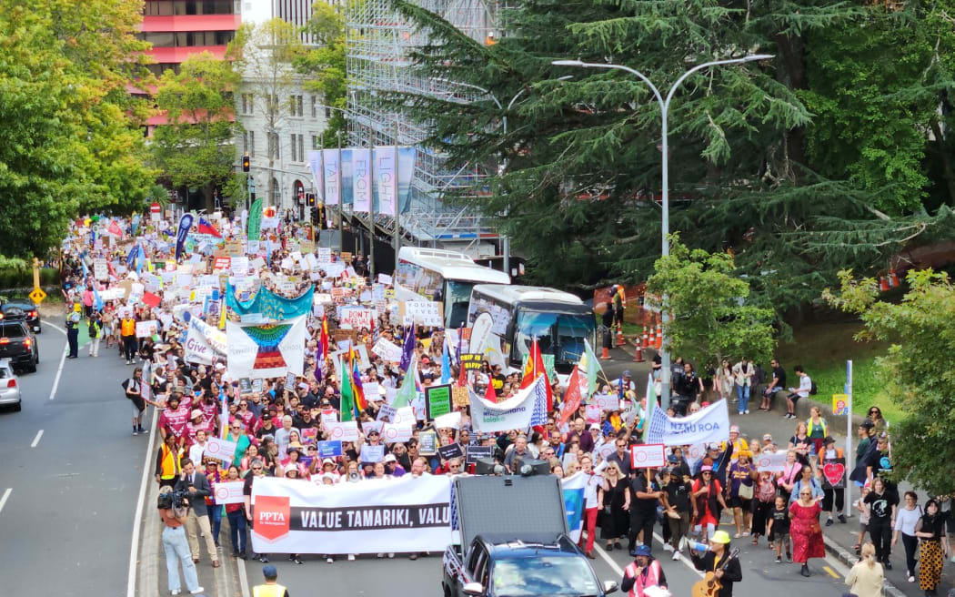 Striking teachers march in Auckland, 16 March 2023.