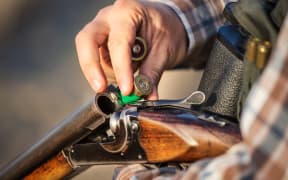 A hunter loads a rifle with ammunition.