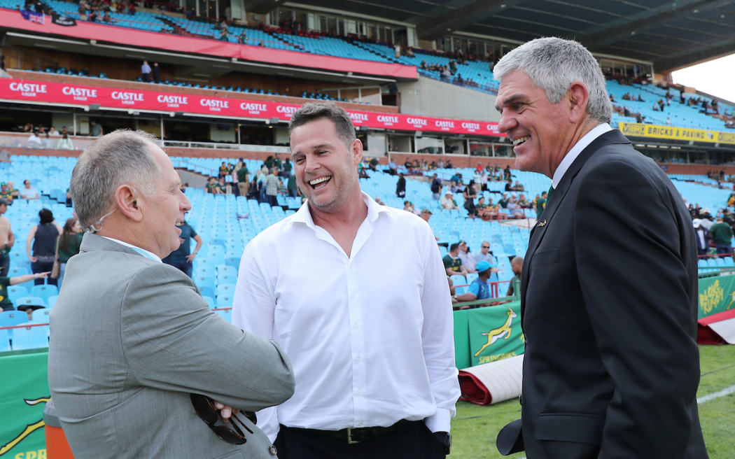 Rassie Erasmus with Naas Botha and Nick Mallett during the 2018 Rugby Championship.