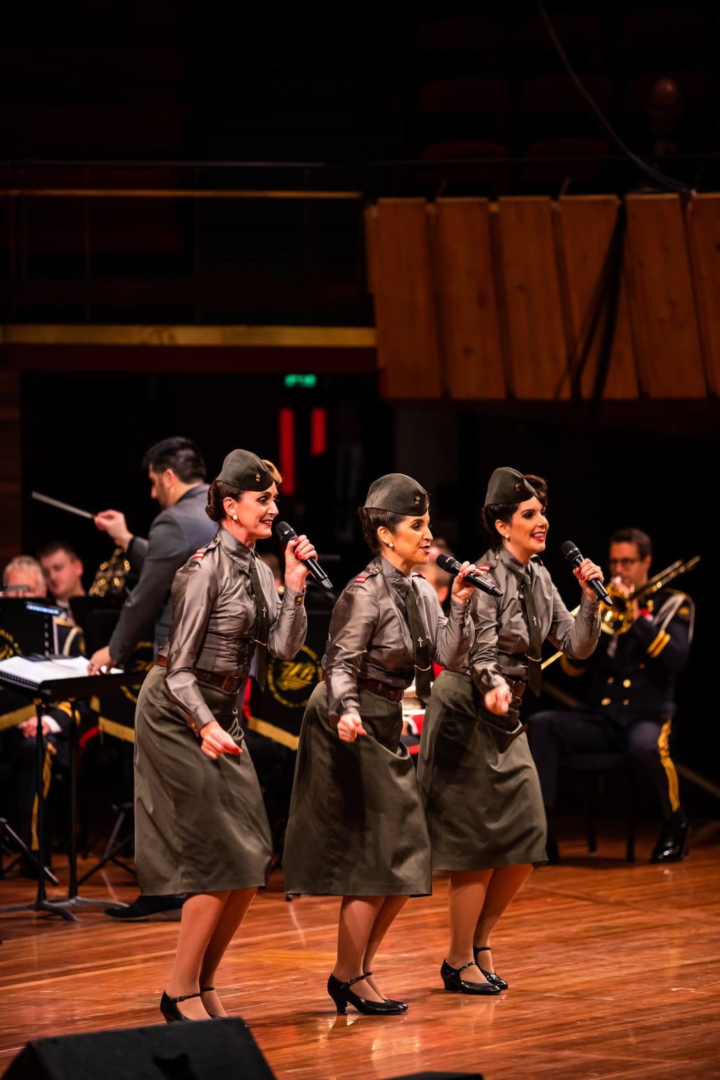 The Starlets and Woolston Brass - Anzac concert 2019. (Left to right: Sarah Greenwood Buchanan, Sarah Kelly, Georgia Heard)