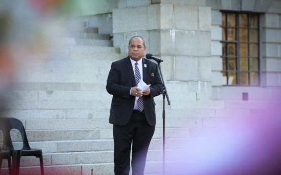Minister for Pacific Peoples Aupito William Sio speaks to the Cook Island Community and the Mau-Wahine company commemorating the 125th anniversary of women's suffrage.