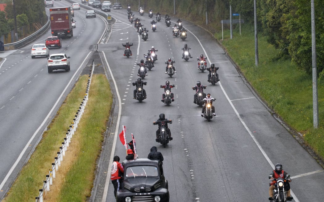 The Mongrel Mob funeral procession on State Highway 2 enroute to the Tapu Whenua Cemetery.