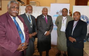 From left, Methodist Church president Reverend Ili Vunisuwai, vice-president Apisalome Tudreu, Prime Minister  Frank Bainimarama, and former church presidents Dr Epineri Vakadewavosa and Tevita Banivanua,