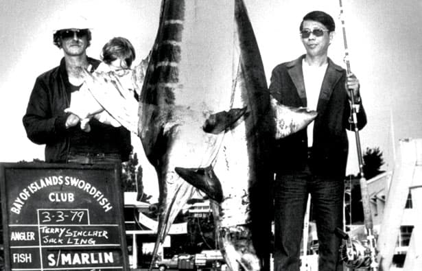 Mr Asia drugs boss Terry Clark (left) in the Bay of Islands, 1979