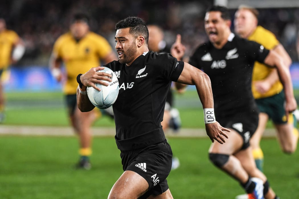 Richie Mo'unga on his way to the try line.
New Zealand All Blacks v Australian Wallabies. Bledisloe Cup rugby union test match. Eden Park, Auckland. Saturday 17 August 2019.