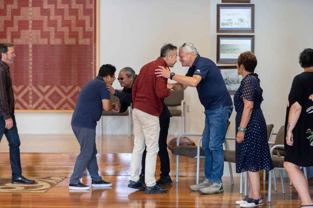 The Tenzing whānauare welcomed on to Arowhenua marae.