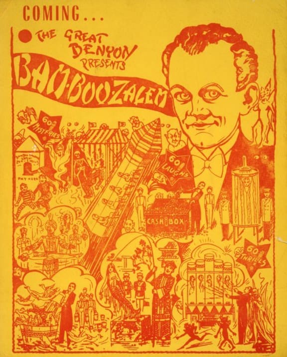 The magician Edgar ‘The Great’ Benyon, with a montage of scenes from his show including rockets, the levitating lady, and other amazing tricks.