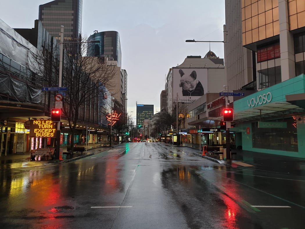Only rubbish trucks and buses can be seen on Queen Street in Auckland's CBD.