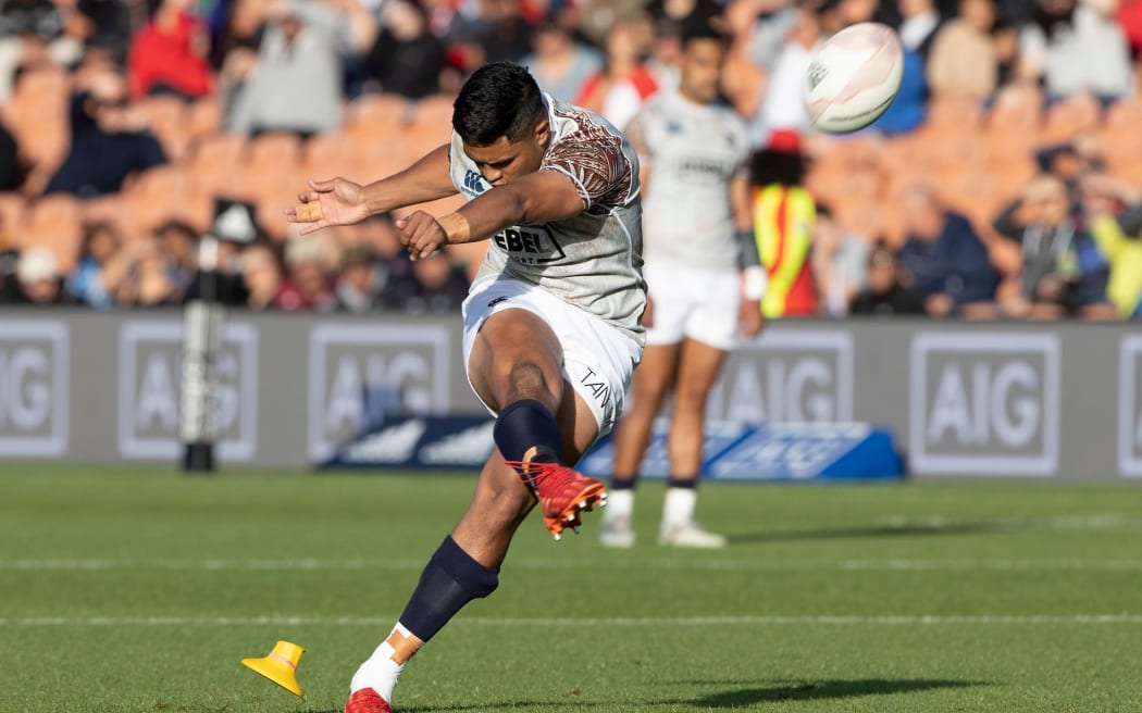 Moana Pasifika 1st-five Josh Ioane kicks a penalty during the rugby match between MÄori All Blacks v Moana Pasifika - held at FMG Stadium, Hamilton, New Zealand.  05  December  2020