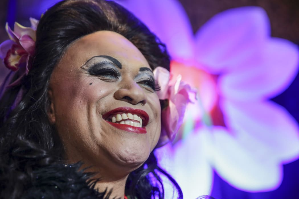 08082016. Photo Rebekah Parsons-King. Carmen Rupe lights light up green on multiple crossings down Cuba Street in Wellington. Borni Te Rongopai Tukiwhaho doubled as Carmen Rupe.