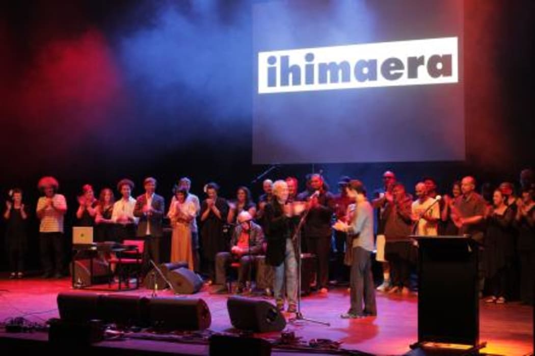 Ihimaera cast on stage with Witi by Emma Robinson.