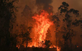 A fire rages in Bobin, 350km north of Sydney on November 9, 2019, as firefighters try to contain dozens of out-of-control blazes that are raging in the state of New South Wales.