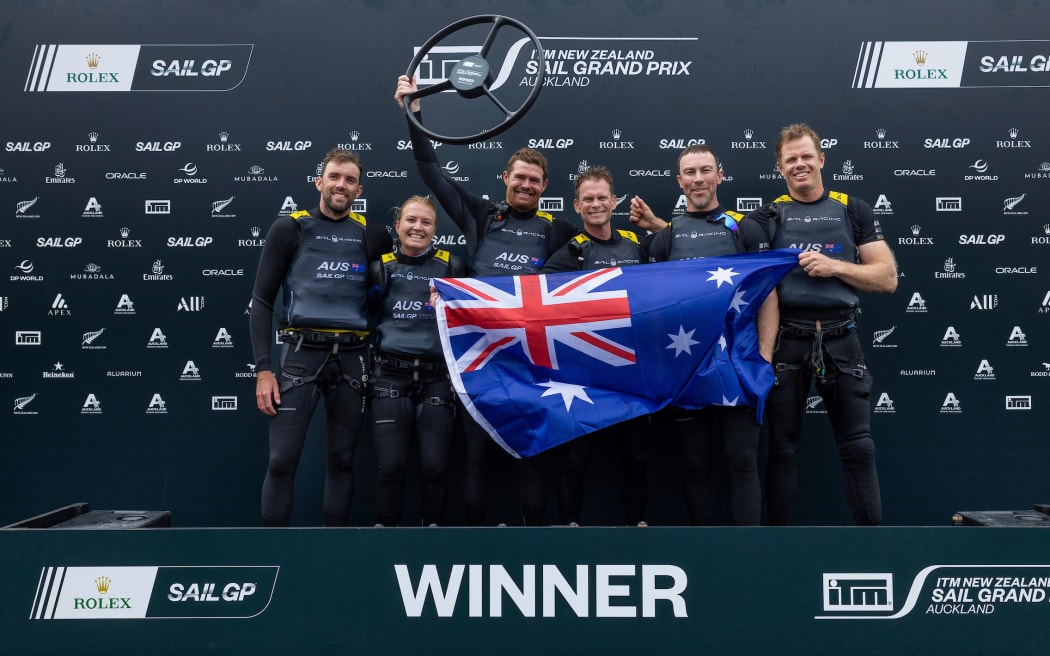 Australia SailGP Team helmed by Tom Slingsby and his team celebrate winning The Rolex SailGP 2025 Championship ITM New Zealand Sail Grand Prix in Auckland, New Zealand. Sunday 19 January 2025. Photo: Brett Phibbs for SailGP. Handout image supplied by SailGP