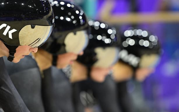 New Zealand’s Ally Wollaston, New Zealand’s Bryony Botha, New Zealand’s Emily Shearman and New Zealand’s Nicole Shields prepare to compete in a women’s track cycling team pursuit qualifying round of the Paris 2024 Olympic Games at the Saint-Quentin-en-Yvelines National Velodrome in Montigny-le-Bretonneux, south-west of Paris, on August 6, 2024. (Photo by John MACDOUGALL / AFP)