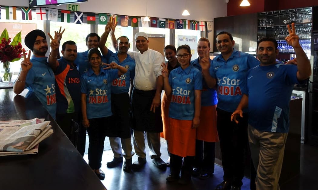 Staff in their India cricket shirts Christchurch's Little India restaurant.