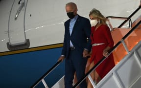 US President Joe Biden and First Lady Jill Biden step off Air Force One upon arrival at LaGuardia airport in New York, ahead of /11 commemorations