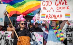 Destiny Church protesters and counter protesters from the rainbow community outside the Gisborne library on 26 March 2024.