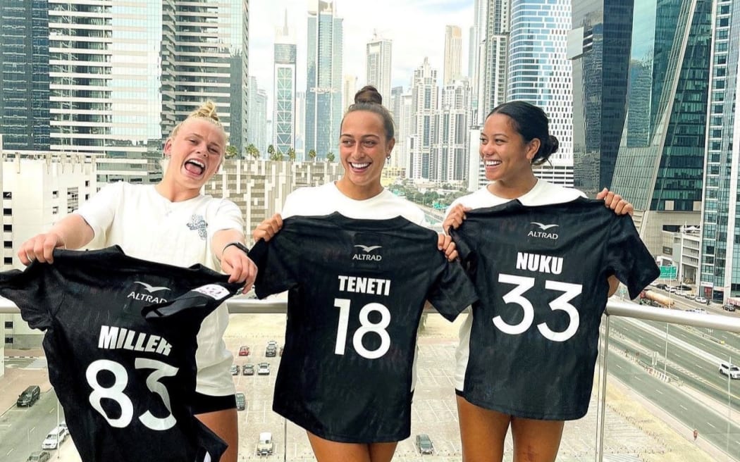 Black Ferns Sevens debutants Jorja Miller, Kelsey Teneti, Mania Nuku