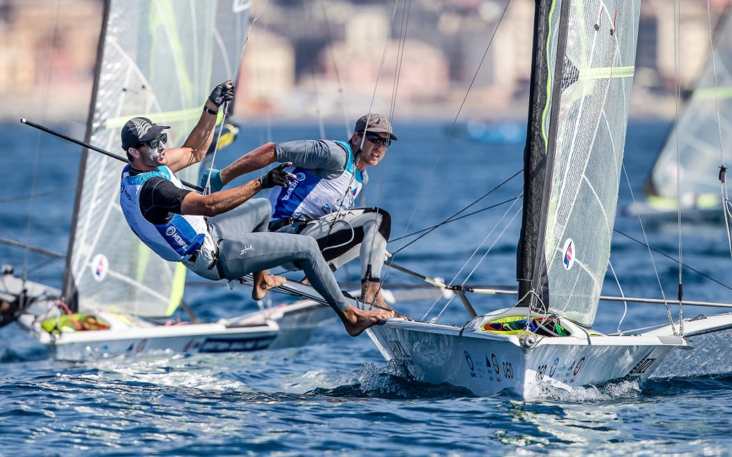 Peter Burling and Blair Tuke competing at the World Cup in Genoa