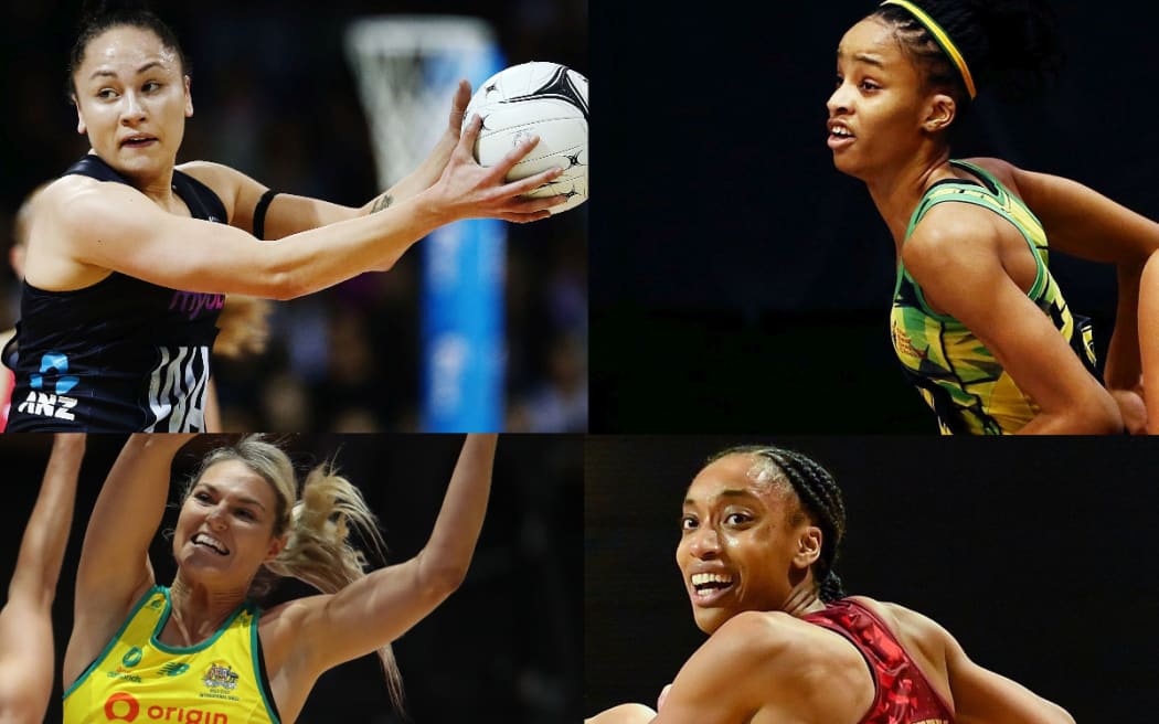 Silver Fern Whitney Souness (top left) Jamaican defender Shamera Sterling (top right), Australian shooter Gretel Bueta (bottom left) and England defender Layla Guscoth (bottom right).