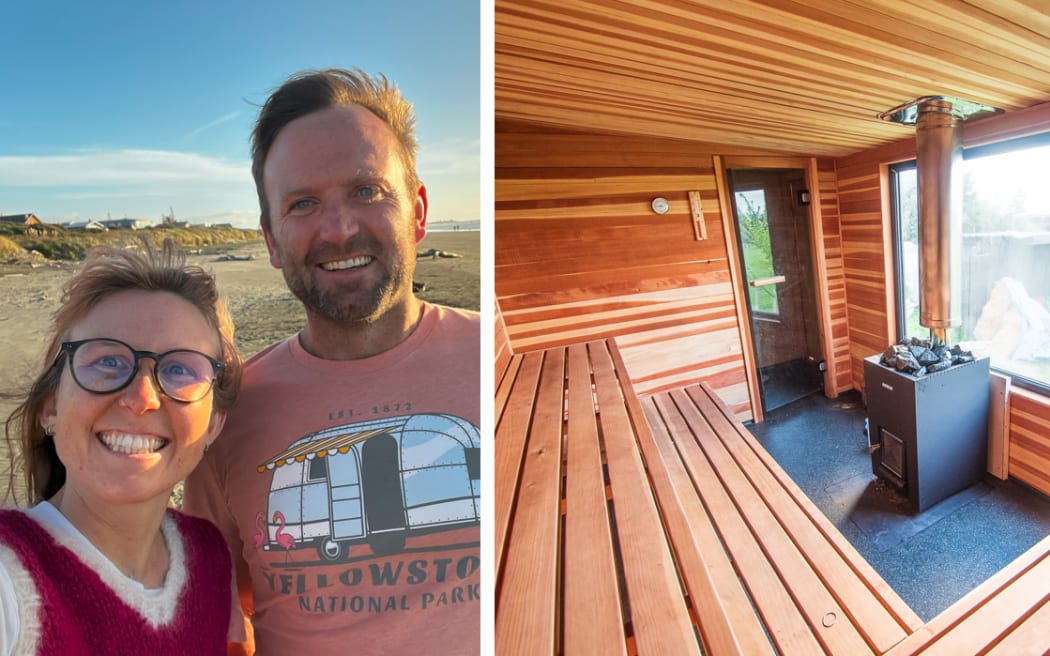 A composite image showing Sally and Malcolm smiling on the left, and an interior of a wooden sauna on the right.