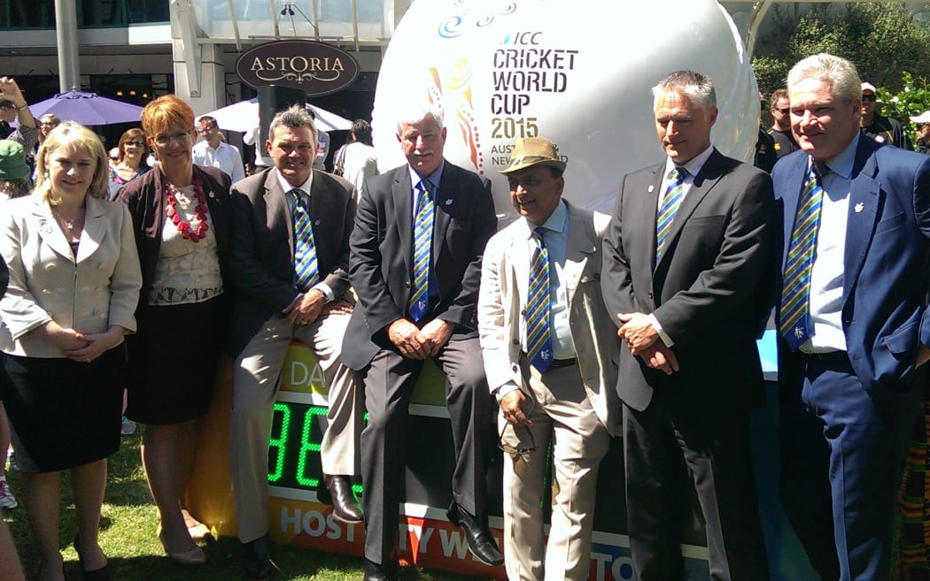 Head of 2015 Cricket World Cup for New Zealand Therese Walsh, Wellington Mayor Celia Wade-Brown, and former cricketers Martin Crowe, Sir Richard Hadlee, Sunil Gavaskar, Gavin Larsen and Dean Jones.