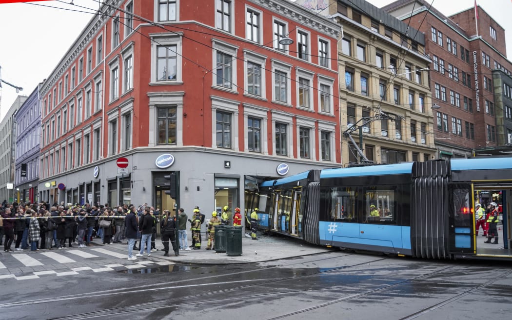 A derailed tram has driven into a building in the center of Oslo, Norway on October 29, 2024. (Photo by Ole Berg-Rusten / NTB / AFP) / Norway OUT / NORWAY OUT