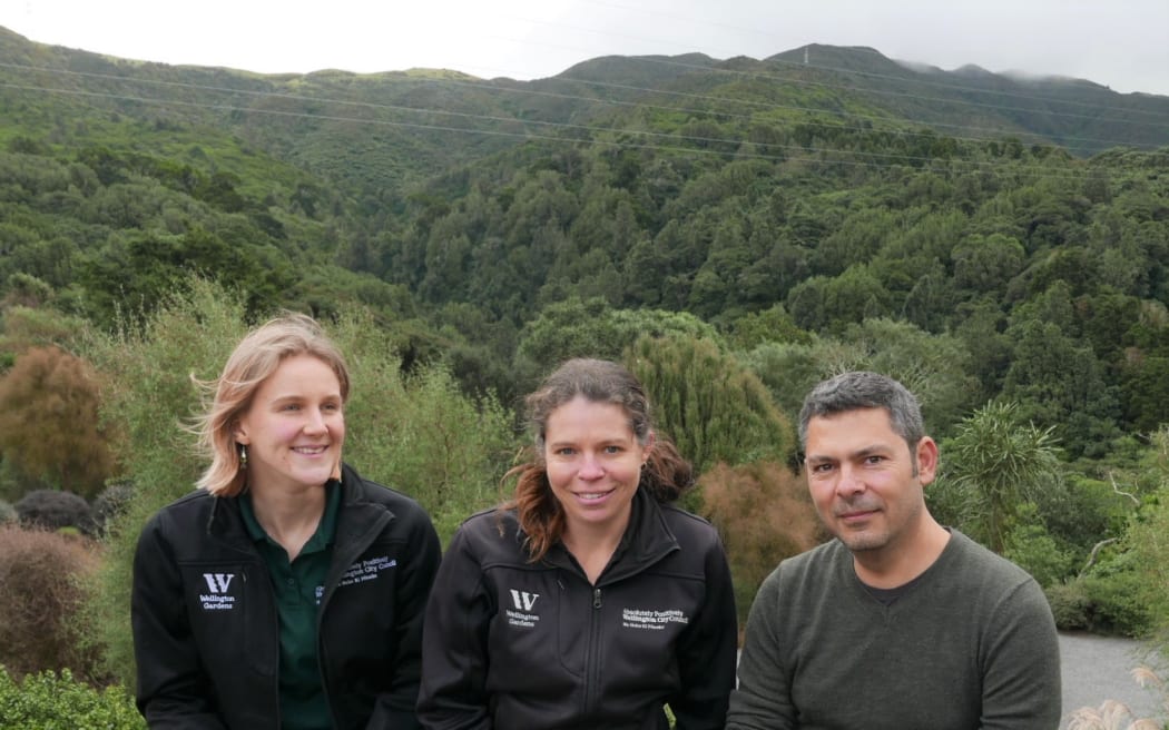 Two women and one man sitting in front of bush-clad hills beneath a grey sky. All three are smiling.
