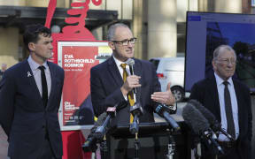 Transport Minister Phil Twyford, Wellington City Mayor Justin Lester and Wellington Regional Mayor Chris Laidlaw announce the Let's Get Wellington Moving project