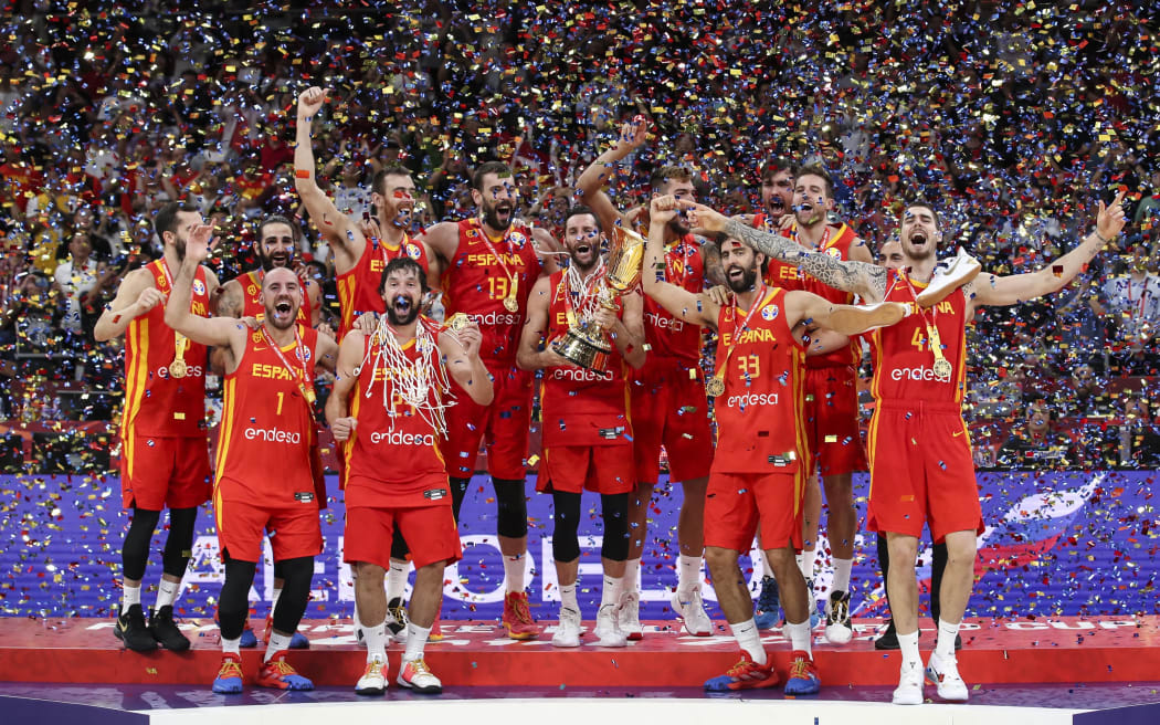 Spain celebrate at the 2019 FIBA World Cup in Beijing.