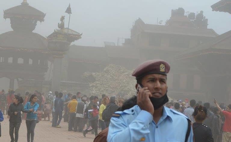 A dust cloud following Saturday's earthquake about 81 kilometres northwest of Nepal's capital Kathmandu.