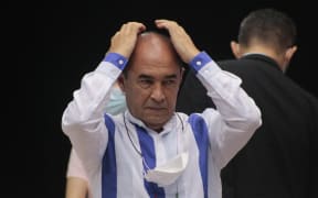 Retired general Paulino Coronado gestures during a hearing organised by the Special Jurisdiction for Peace (JEP) in Ocana, Colombia, this week.