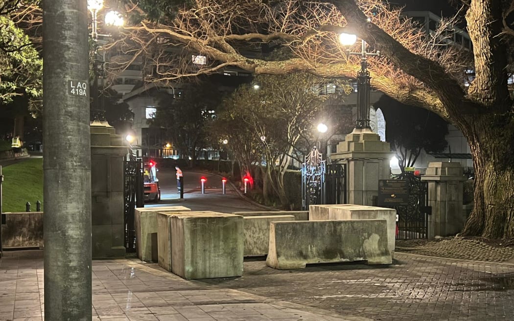 Barricades set up outside Parliament in Wellington on 21 August 2022.